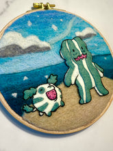 Load image into Gallery viewer, Embroidery hoop with watermelon steven and watermelon dog from Steven universe embroidered over a needle felted background.
